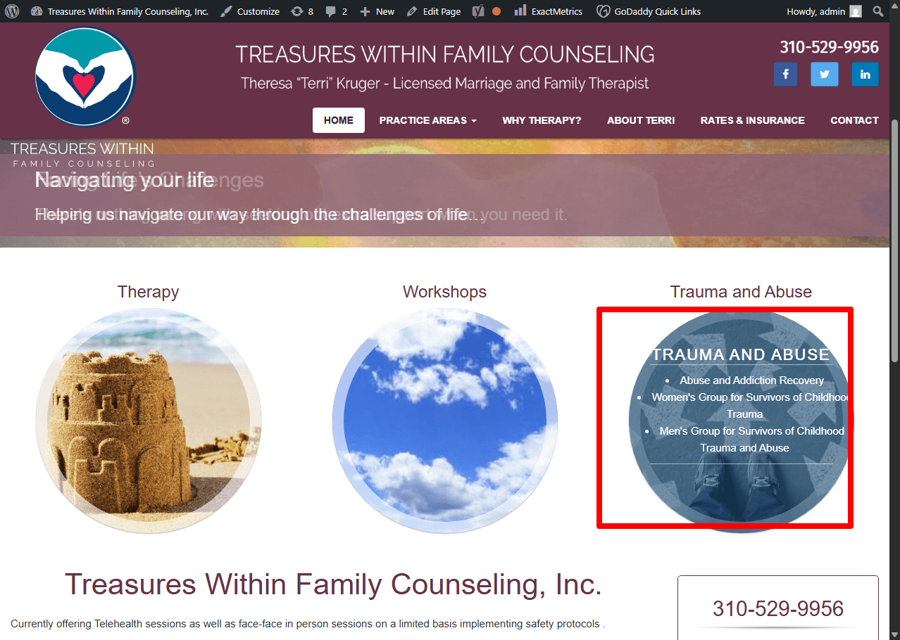 Counseling website with therapy and workshops sections.