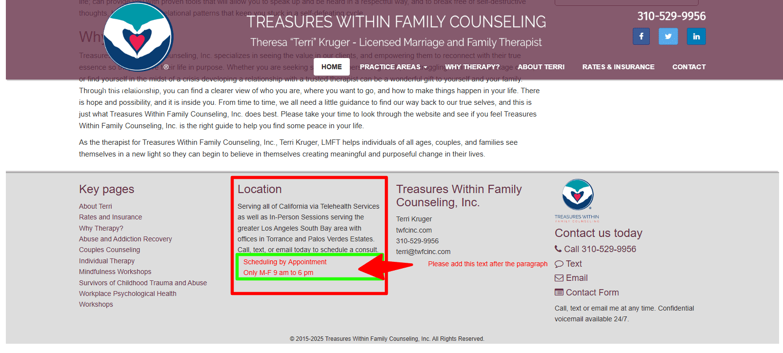 Counseling services location and contact information.